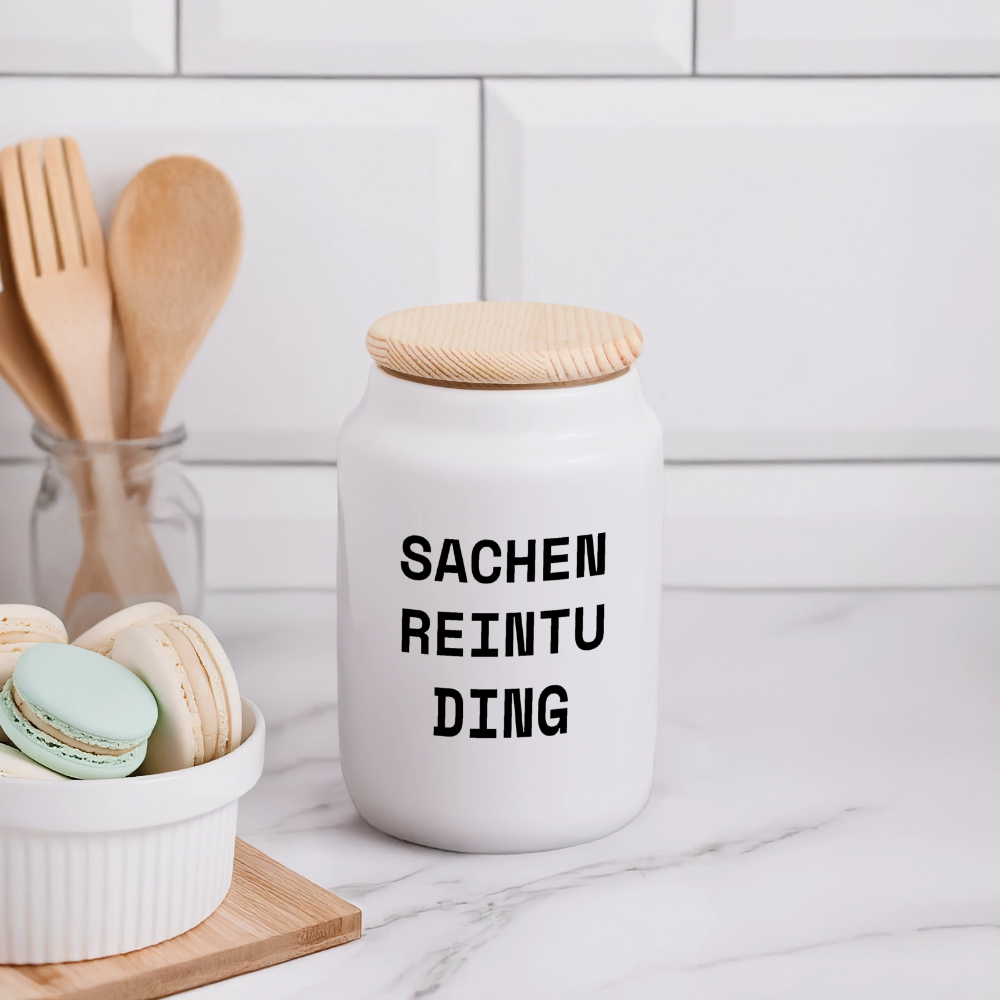 Dose mit Holzdeckel "SACHENREINTUDING" - Weiß