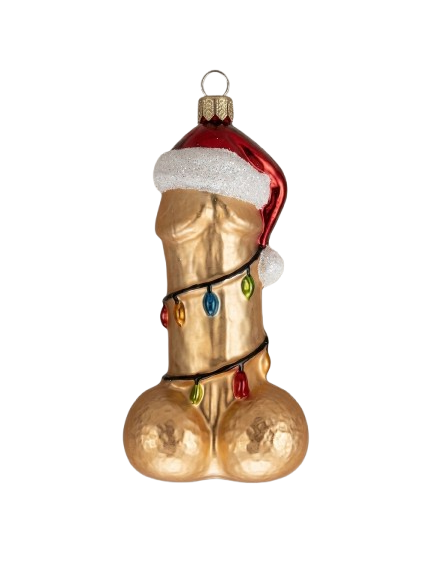 Ausgefallene Echtglas-Christbaumkugel Penis Figur mit Weihnachtsmuetze – Besondere Weihnachtsbaumkugel von myPresentio