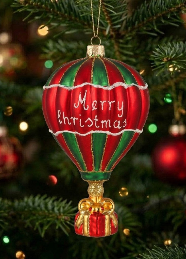 Bunte Heißluftballon-Figur aus Echtglas als ausgefallene Weihnachtsdeko am Weihnachtsbaum
