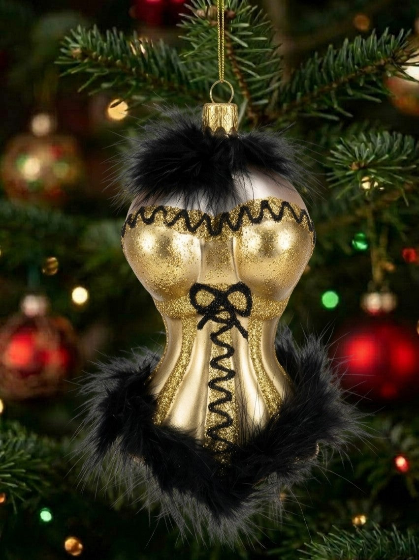 Besondere Echtglas-Christbaumkugel Korsage in Gold Schwarz – Besondere Weihnachtsbaumkugel von myPresentio