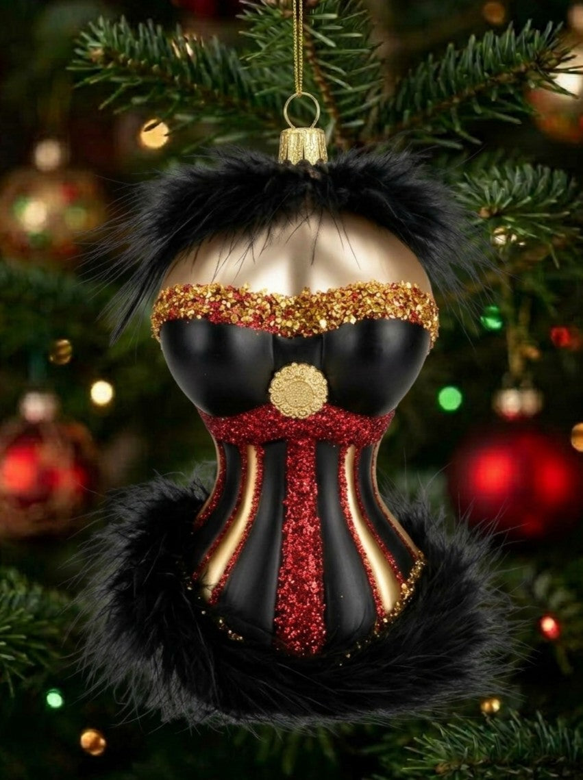 Ausgefallene Echtglas-Christbaumkugel Korsage in Schwarz, Rot und Gold – Besondere Weihnachtsbaumkugel von myPresentio