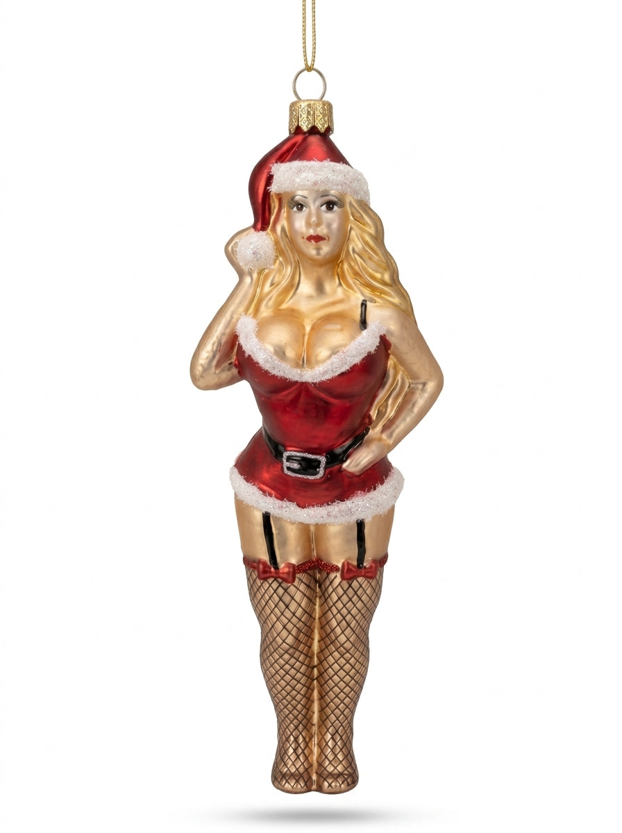 Ausgefallene Echtglas-Christbaumkugel Sexy Miss Santa Weihnachtsfrau – Besondere Weihnachtsbaumkugel von myPresentio