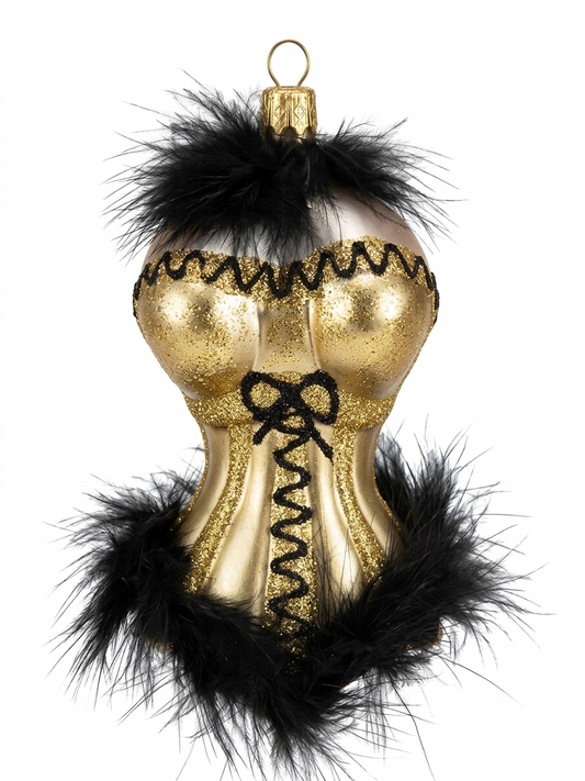 Ausgefallene Echtglas-Christbaumkugel Korsage in Gold Schwarz – Besondere Weihnachtsbaumkugel von myPresentio
