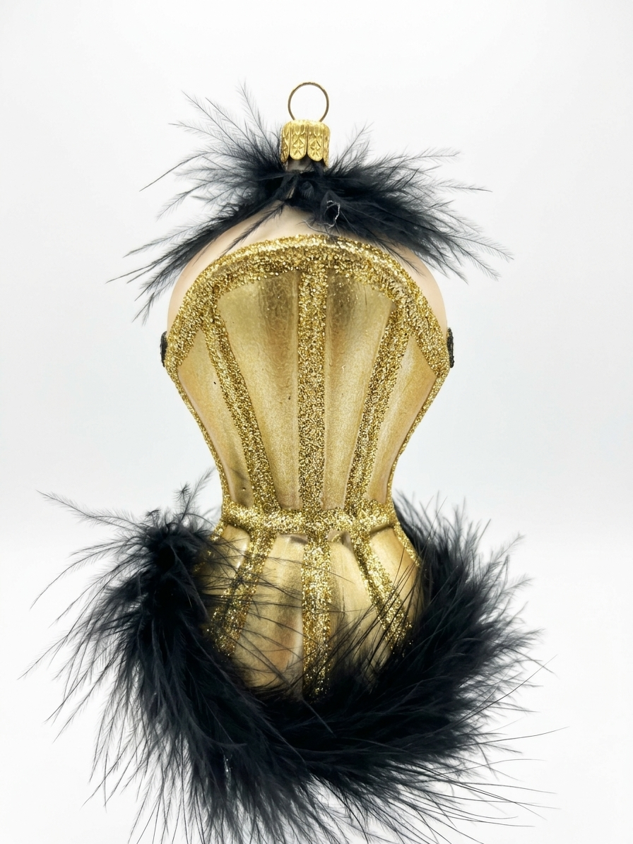 Besondere Echtglas-Christbaumkugel Korsage in Gold Schwarz – Besondere Weihnachtsbaumkugel von myPresentio