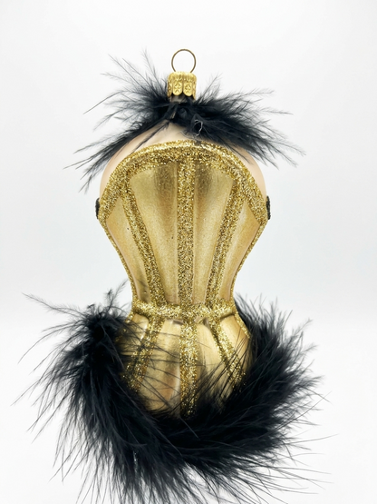 Besondere Echtglas-Christbaumkugel Korsage in Gold Schwarz – Besondere Weihnachtsbaumkugel von myPresentio