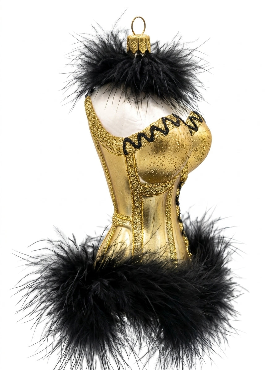 Besondere Echtglas-Christbaumkugel Korsage in Gold Schwarz – Besondere Weihnachtsbaumkugel von myPresentio