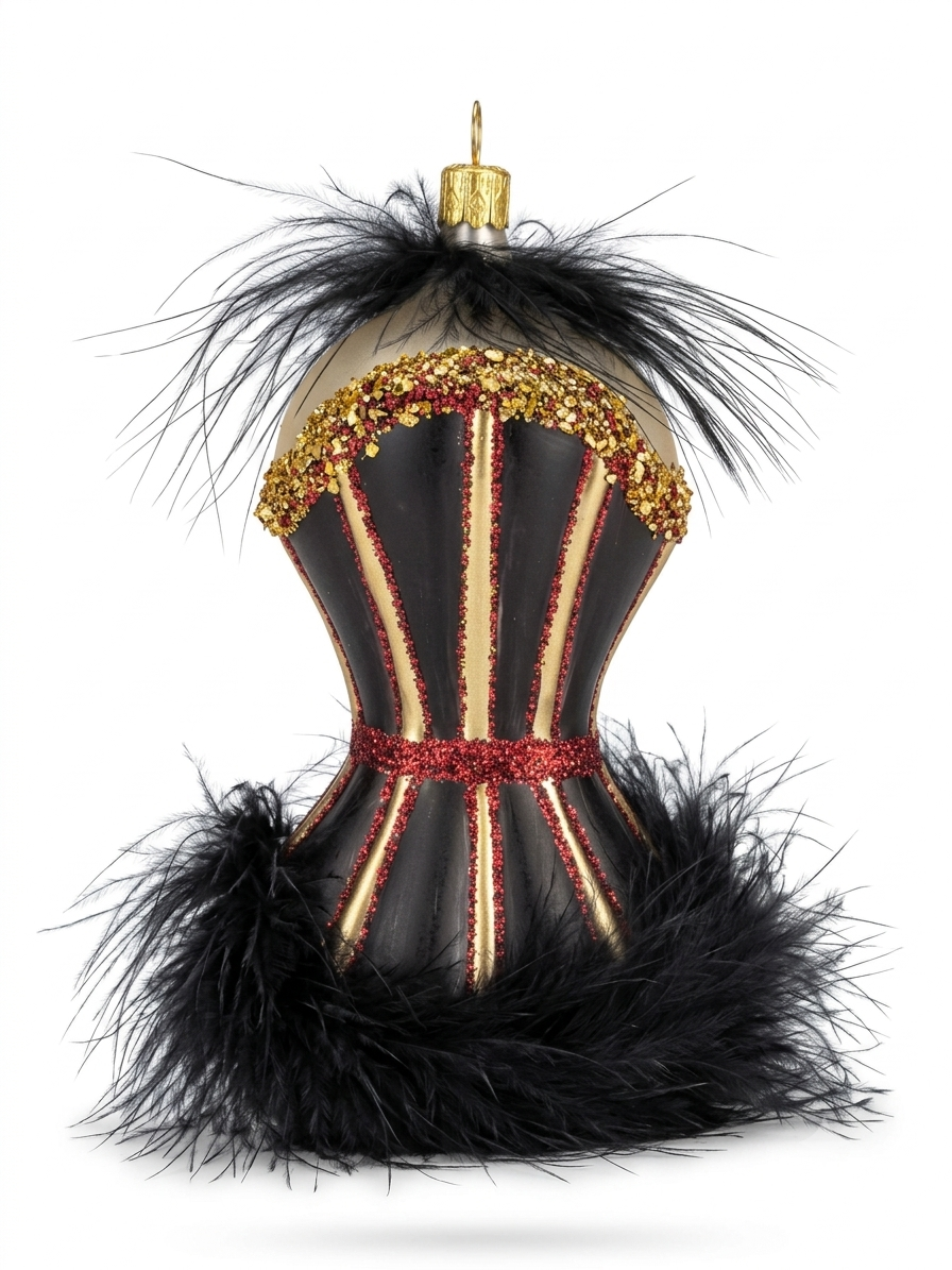 Ausgefallene Echtglas-Christbaumkugel Korsage in Schwarz, Rot und Gold – Besondere Weihnachtsbaumkugel von myPresentio