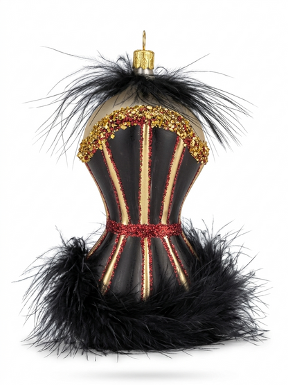 Ausgefallene Echtglas-Christbaumkugel Korsage in Schwarz, Rot und Gold – Besondere Weihnachtsbaumkugel von myPresentio