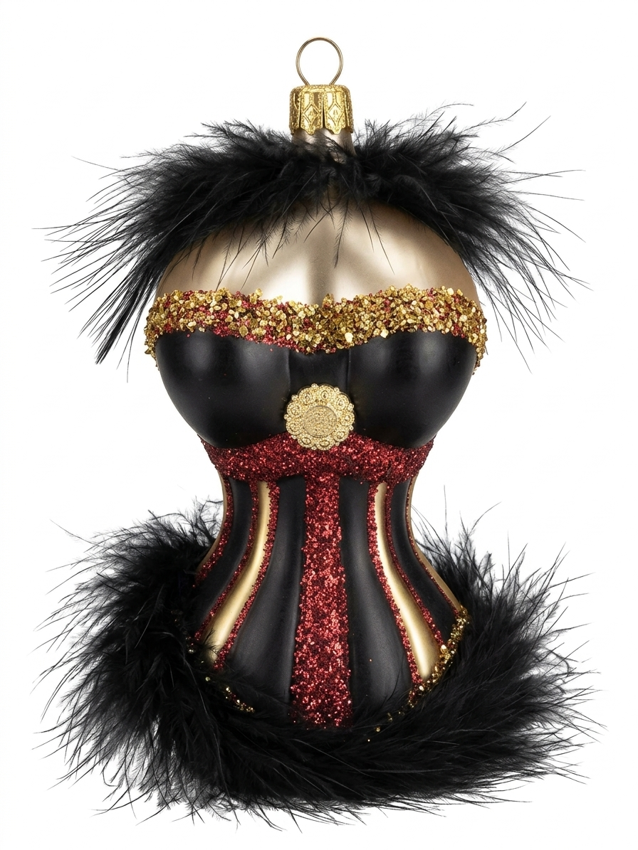 Ausgefallene Echtglas-Christbaumkugel Korsage in Schwarz, Rot und Gold – Besondere Weihnachtsbaumkugel von myPresentio