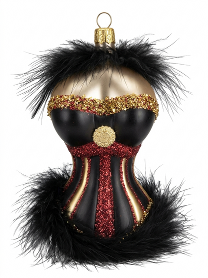 Ausgefallene Echtglas-Christbaumkugel Korsage in Schwarz, Rot und Gold – Besondere Weihnachtsbaumkugel von myPresentio