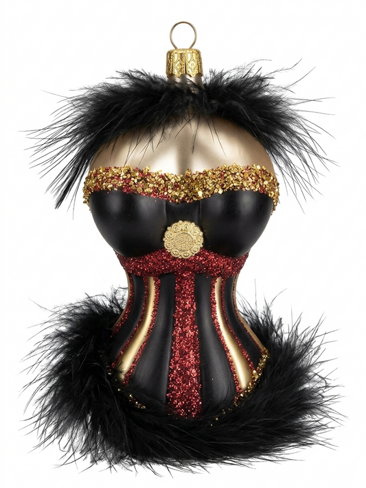 Ausgefallene Echtglas-Christbaumkugel Korsage in Schwarz, Rot und Gold – Besondere Weihnachtsbaumkugel von myPresentio