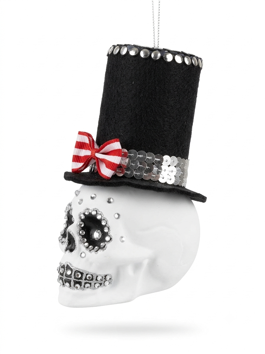 Seitliche Nahaufnahme der Totenkopf-Christbaumkugel aus Glas mit detailreichen Verzierungen für den Tannenbaum