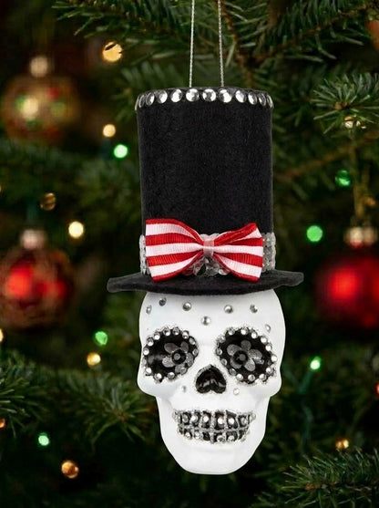 Totenkopf-Figur mit Hut aus Echtglas als ausgefallene Weihnachtsdeko am Weihnachtsbaum Christbaum